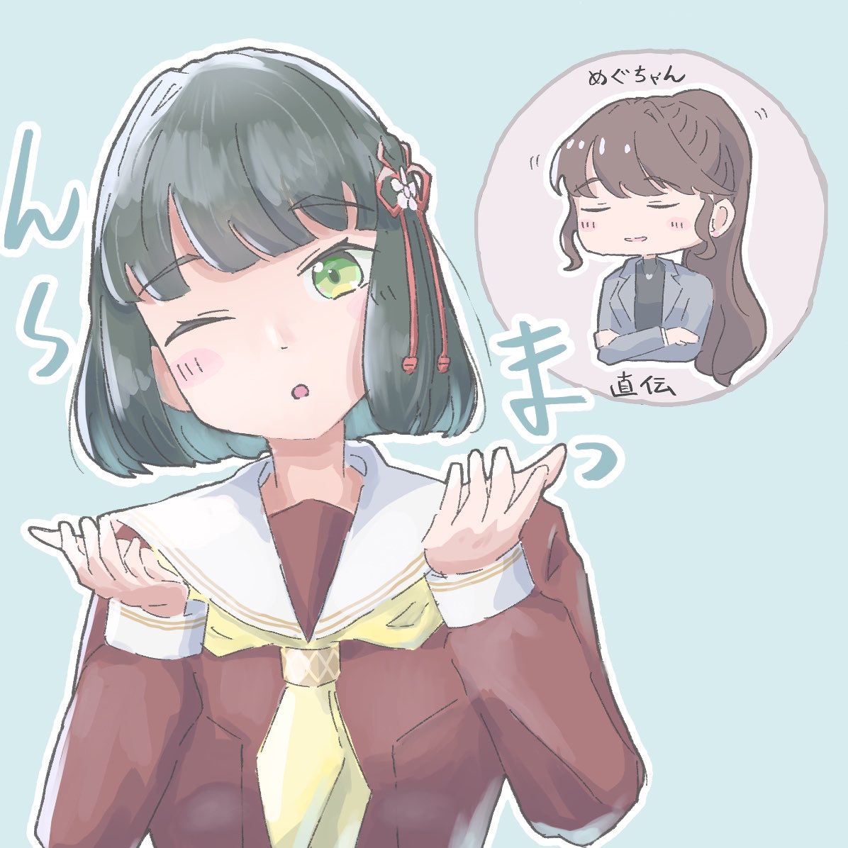 2girls, ;o, black_hair, blowing_kiss, blue_background, blunt_bangs, blunt_ends, bob_cut