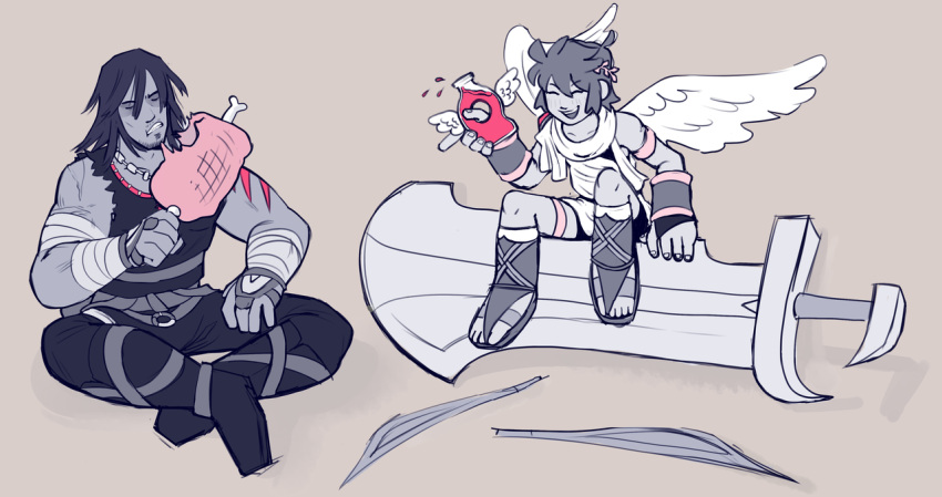 2boys, ahoge, angel, angel_wings, appeypie, arm_tattoo, arm_wrap, boned_meat