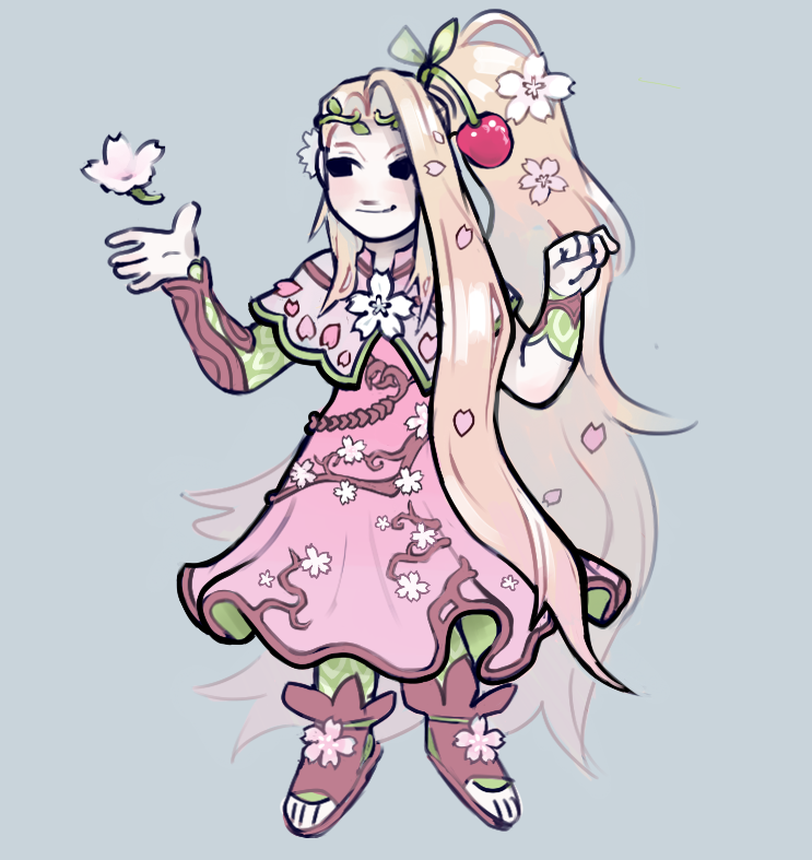 1girl, alternate_costume, appeypie, blonde_hair, cherry_blossoms, cherry_hair_ornament, dress, food-themed_hair_ornament, full_body, grey_background, hair_ornament, kid_icarus, kid_icarus_uprising, light_smile, long_hair, pink_dress, ponytail, solo, very_long_hair, viridi