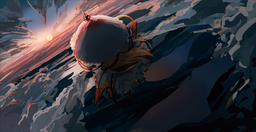 1girl, absurdres, blonde_hair, clouds, commentary_request, dress, facing_away, floating
