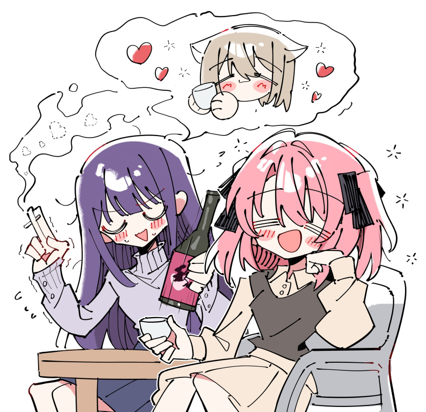 3girls, animal_ears, black_ribbon, black_vest, blush, bottle, brown_shirt, brown_skirt