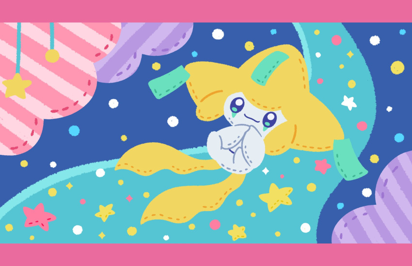 1other, :3, black_eyes, blue_background, border, closed_mouth, colored_skin, floating
