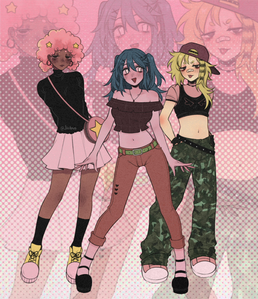3girls, afro, asymmetrical_hair, backwards_hat, bag, baggy_pants, bags_under_eyes, bandaid