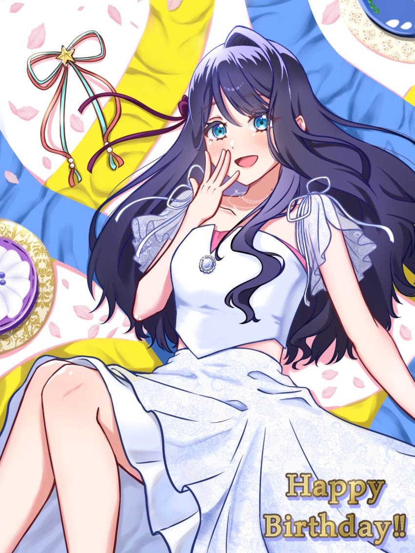 1girl, :d, blue_eyes, blue_hair, blue_ribbon, collarbone, commentary_request, hand_to_own_mouth, happy_birthday, highres, link!_like!_love_live!, long_hair, looking_at_viewer, love_live!, lying, mano_409, medium_skirt, mole, mole_on_neck, murano_sayaka, murano_sayaka_(18th_birthday), on_back, open_mouth, red_ribbon, ribbon, see-through_clothes, see-through_sleeves, shirt, short_sleeves, skirt, smile, solo, star_(symbol), virtual_youtuber, white_shirt, white_skirt