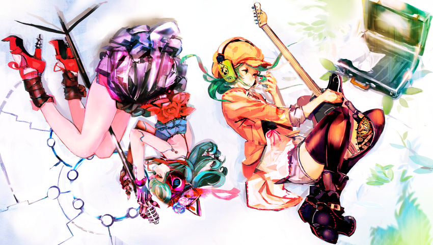 aqua_eyes, aqua_hair, black_legwear, blue_rose, clockwork, dual_persona, flower, formal, gloves, guitar, hair_flower, hair_ornament, hat, hatsune_miku, headphones, high_heels, highres, instrument, lying, microphone, microphone_stand, on_side, pink_rose, profile, rose, rotational_symmetry, shoes, short_shorts, shorts, skirt, so-bin, suit, thigh-highs, thighhighs, vocaloid, zettai_ryouiki