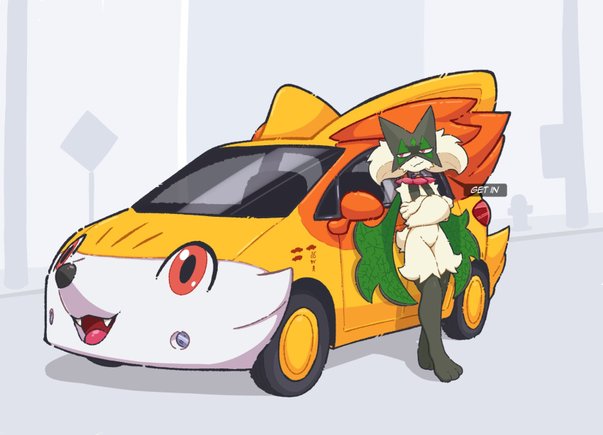 car, character_car, crossed_arms, english_text, fennekin, green_fur, highres, meowscarada