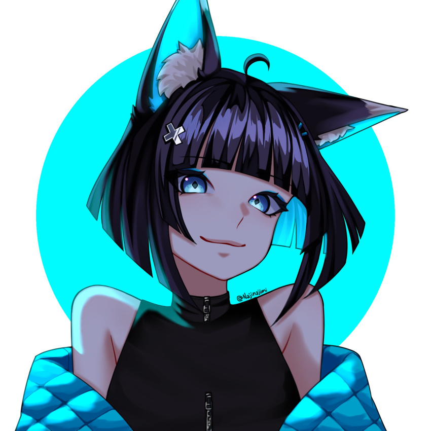 1girl, alternate_hairstyle, animal_ear_fluff, animal_ears, bare_shoulders, black_hair, blue_eyes, blue_hair, blue_jacket, colored_inner_animal_ears, colored_inner_hair, d-pad, d-pad_hair_ornament, eeiris_zuro, fox_ears, fox_girl, fox_tail, hair_ornament, highres, jacket, looking_at_viewer, multicolored_hair, najinajimi, neobaka, open_mouth, shirt, short_hair, sleeveless, sleeveless_shirt, solo, tail, virtual_youtuber