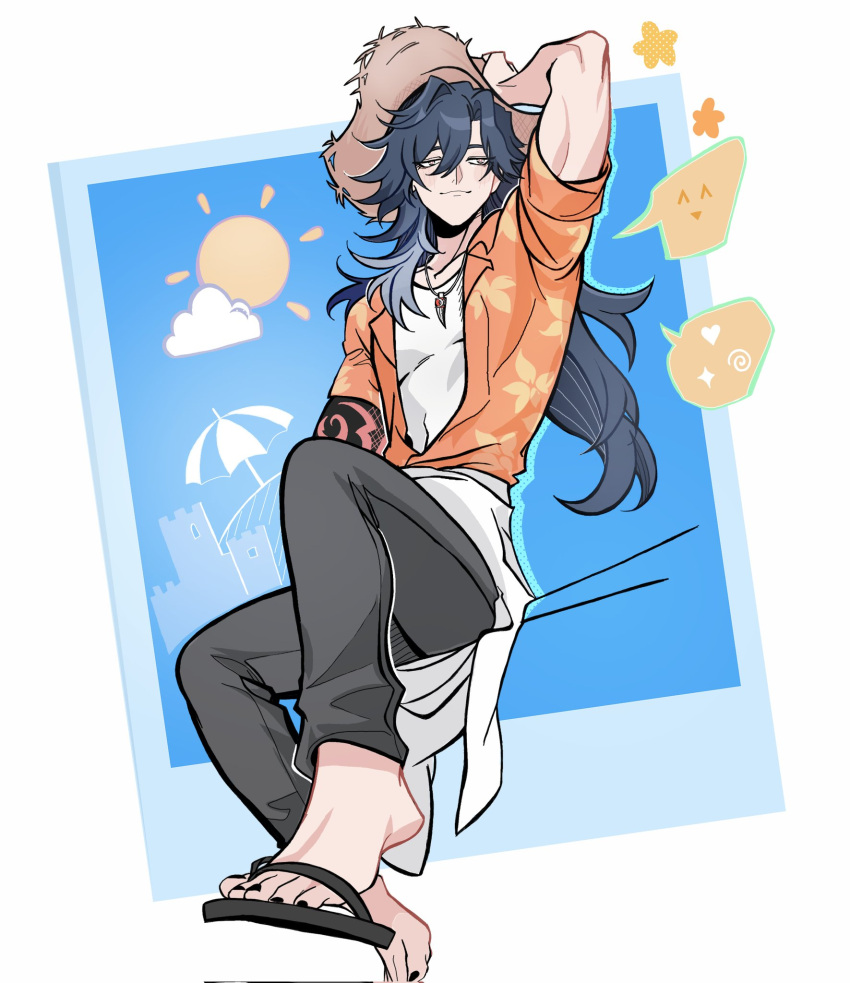 1boy, ^_^, alternate_costume, arm_up, ashveil_(honkai:_star_rail), beach_umbrella, black_nails, closed_eyes, clouds, colored_speech_bubble, commentary, full_body, grey_pants, hat, hawaiian_shirt, heart, highres, honkai:_star_rail, honkai_(series), looking_to_the_side, male_focus, nail_polish, open_clothes, open_shirt, orange_shirt, pants, romevey, sandals, shirt, sideways_glance, solo, speech_bubble, straw_hat, sun, umbrella, untranslatable_commentary, white_shirt