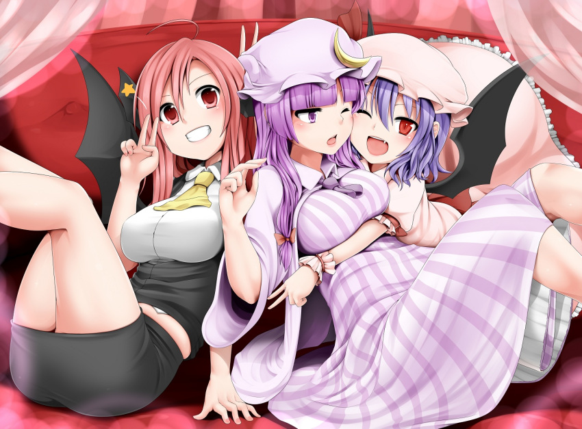 ;d, ahoge, ascot, bat_wings, blue_hair, blush, breasts, couch