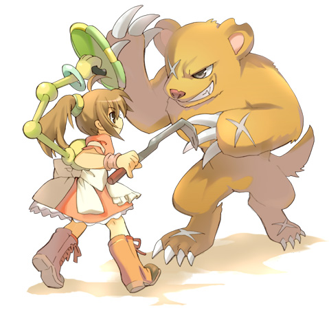 1girl, apron, battle, bear, black_eyes, boots, bow, brown_boots
