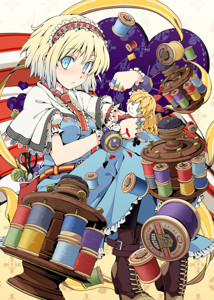 aka_ringo, alice_margatroid, blonde_hair, blue_dress, blue_eyes, blush, capelet, doll