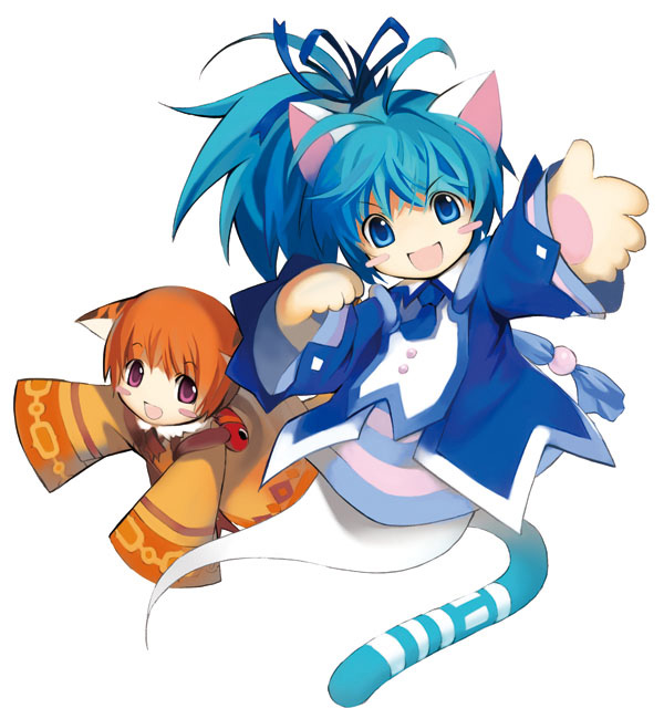 1boy, 1girl, animal_ears, backpack, bag, blue_eyes, blue_hair, blue_necktie