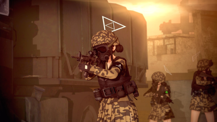 3girls, assault_rifle, blue_archive, catgaloperator, commentary, double_bun, english_commentary, gloves