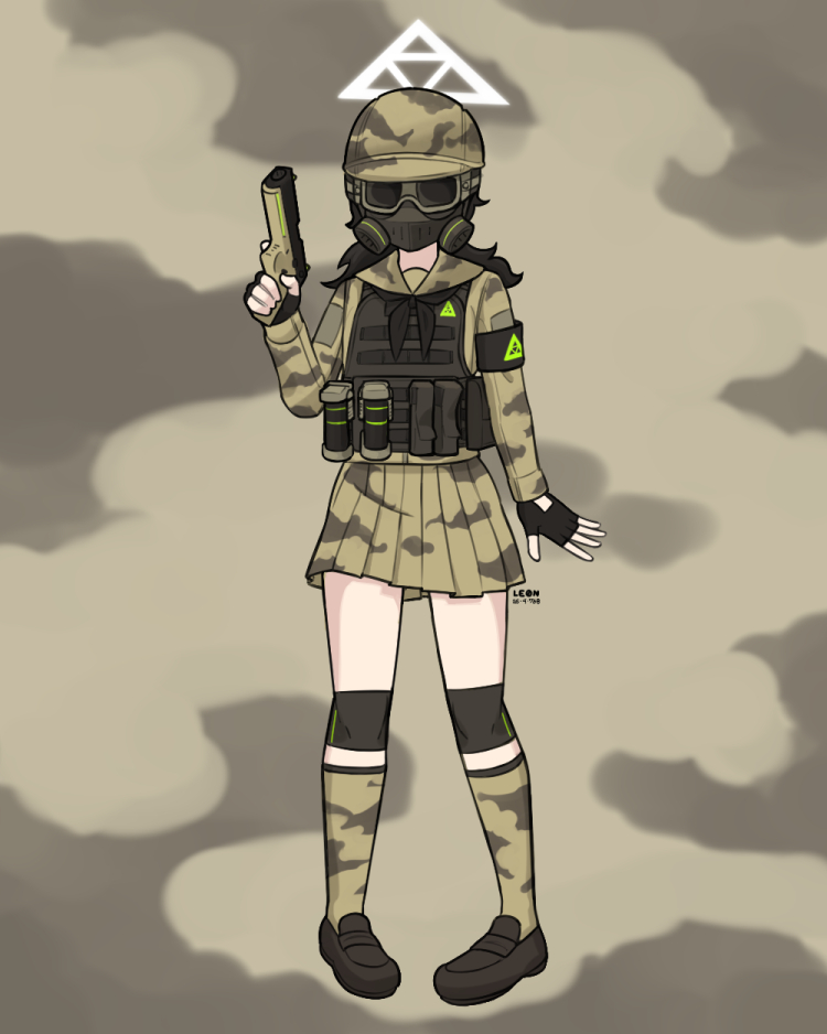 1girl, blue_archive, glock, gloves, goggles, gun, halo, handgun