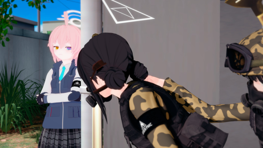 blue_archive, catgaloperator, double_bun, gas_mask, goggles, hair_bun, halo, helmet