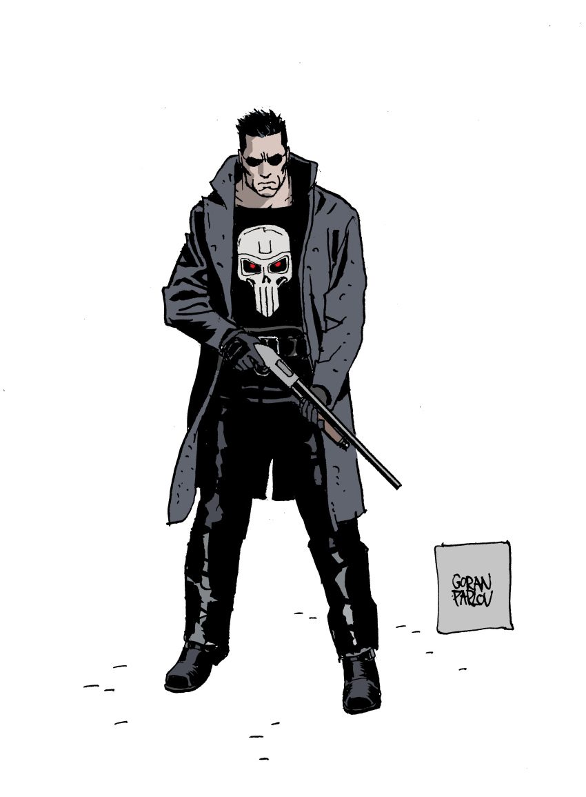 1boy, absurdres, black_coat, black_hair, coat, frank_castle, goran_parlov, gun