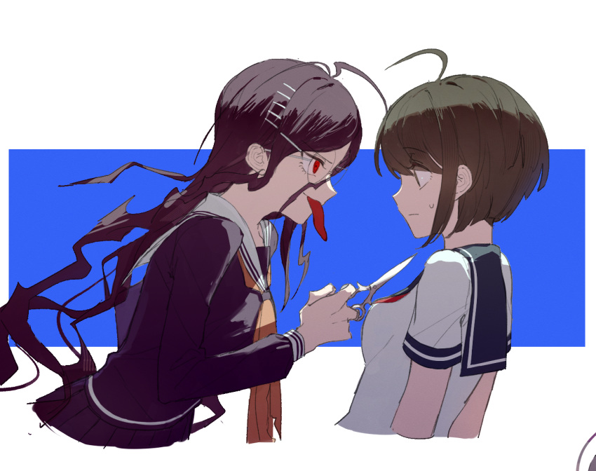 2girls, ahoge, antenna_hair, blue_sailor_collar, brown_hair, collared_shirt, commentary_request, cropped_torso