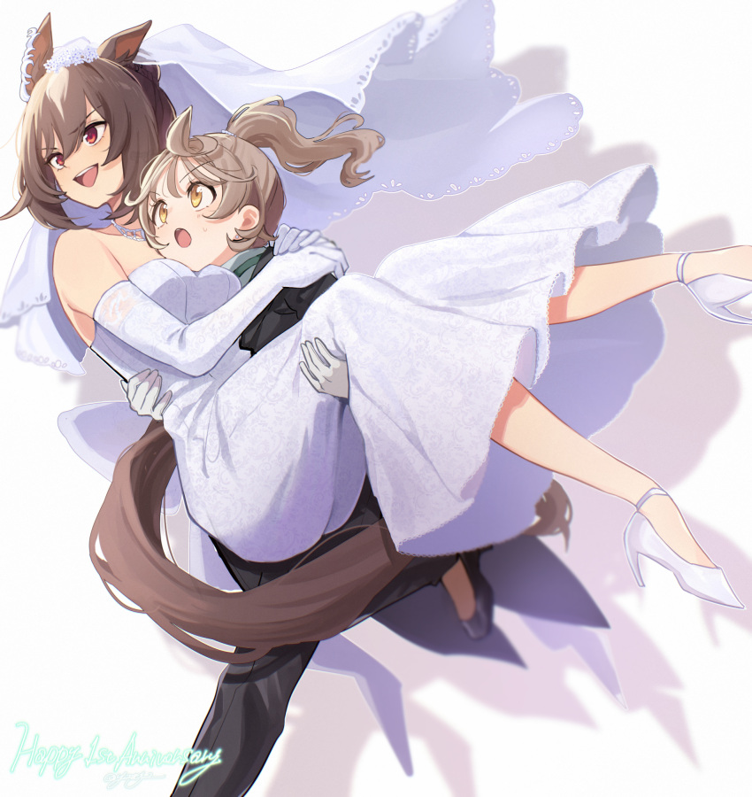 2girls, :d, :o, animal_ears, black_pants, black_shoes, black_suit, brown_hair, carrying, carrying_person, commentary_request, dress, ear_ornament, elbow_gloves, english_text, female_trainer_(umamusume), gloves, high_heels, highres, horse_ears, horse_girl, horse_tail, jewelry, long_hair, multiple_girls, necklace, open_mouth, pants, ponytail, princess_carry, red_eyes, running, shirohashi_akari_(toji_(y2toj2)), shoes, signature, sirius_symboli_(umamusume), smile, strapless, strapless_dress, suit, tail, teeth, toji_(y2toj2), trainer_(umamusume), umamusume, upper_teeth_only, v-shaped_eyebrows, veil, wedding_dress, white_background, white_dress, white_gloves, white_shoes, white_veil, wife_and_wife, yellow_eyes, yuri