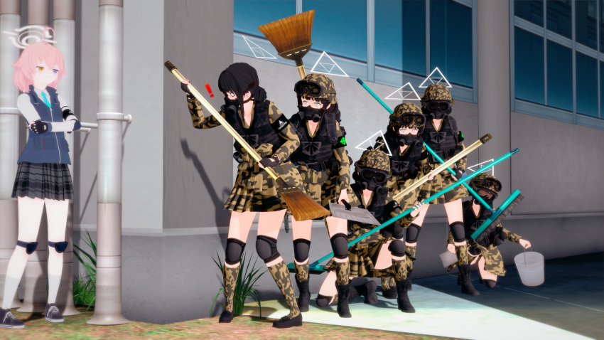 blue_archive, broom, bucket, catgaloperator, double_bun, dustpan, gas_mask, gloves