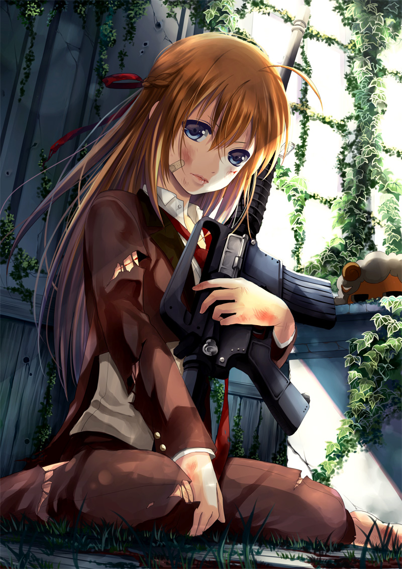 assault_rifle, bad_id, barefoot, blood, blue_eyes, bruise, gun, hair_ribbon, injured, injury, konoe_subaru, long_hair, m16, mayo_chiki!, necktie, orange_hair, ribbon, rifle, sheep, sinkokyu, sitting, solo, torn_clothes, weapon