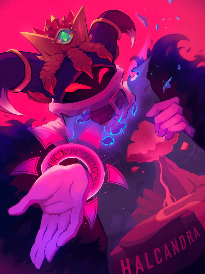 crown, fmoptimist, gloves, highres, horns, kirby's_return_to_dream_land, kirby_(series), location_name, magolor, master_crown, rayman_limbs, red_background, red_eyes, red_theme, solo, traitor_magolor, volcano, white_gloves