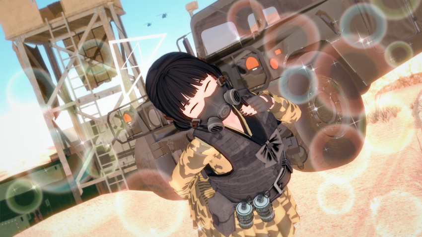 black_hair, blue_archive, catgaloperator, gas_mask, gloves, hair_bun, halo, highres