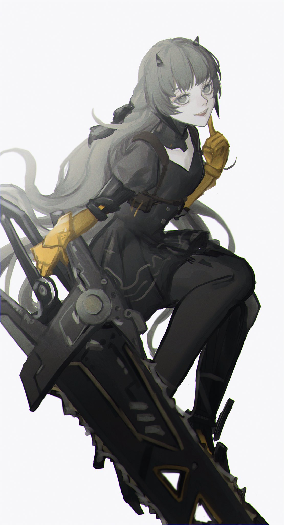 1girl, black_dress, black_horns, black_thighhighs, chainsaw, commentary_request, dress, full_body