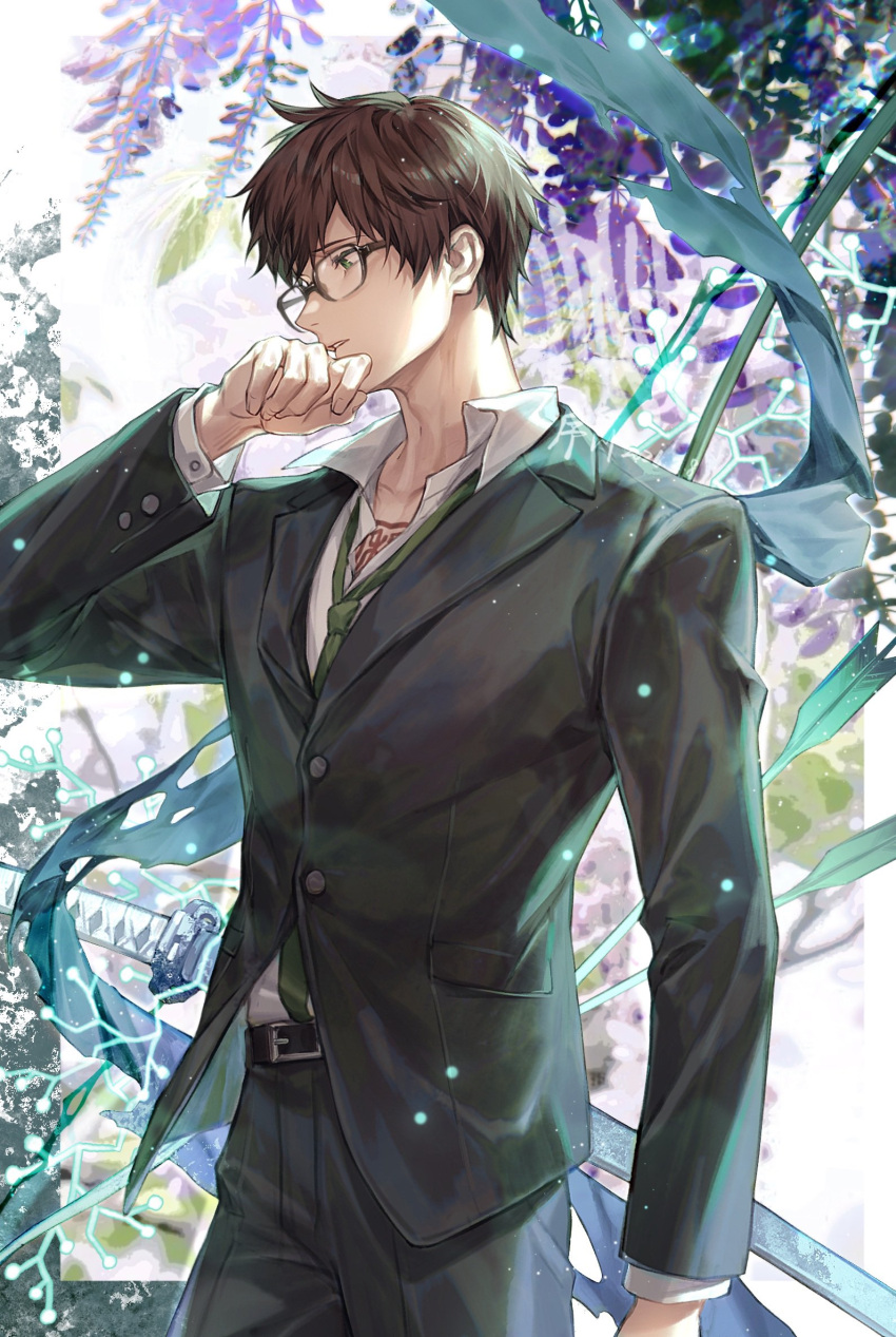 1boy, artist_name, belt, black_suit, brown_hair, collared_shirt, commentary_request, cowboy_shot