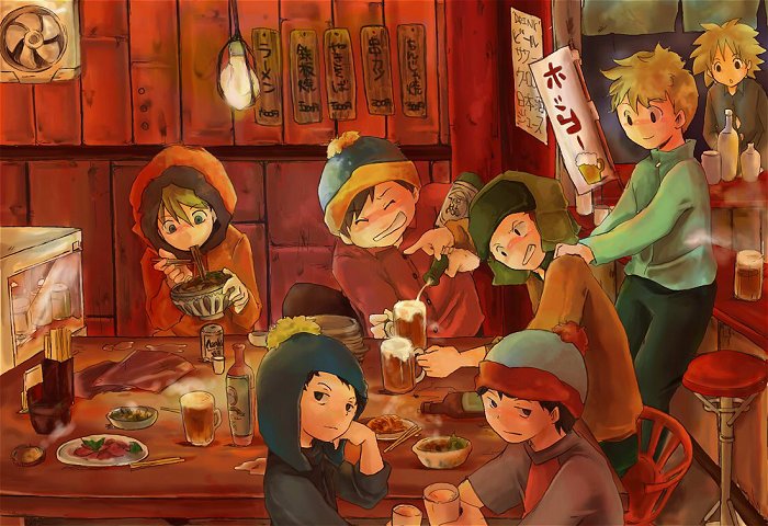 butters_stotch, craig_tucker, drinking, eating, eric_cartman, food, kenny_mccormick, kyle_broflovski
