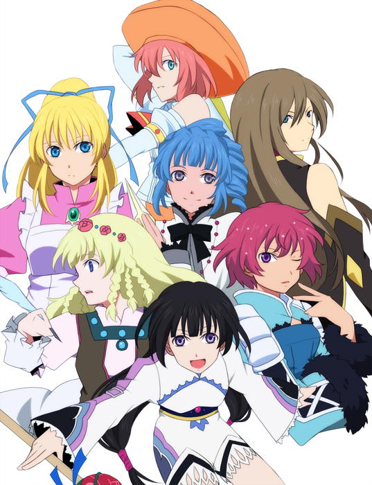 ange_serena, apron, black_hair, blonde_hair, blue_eyes, blue_hair, bow, braid