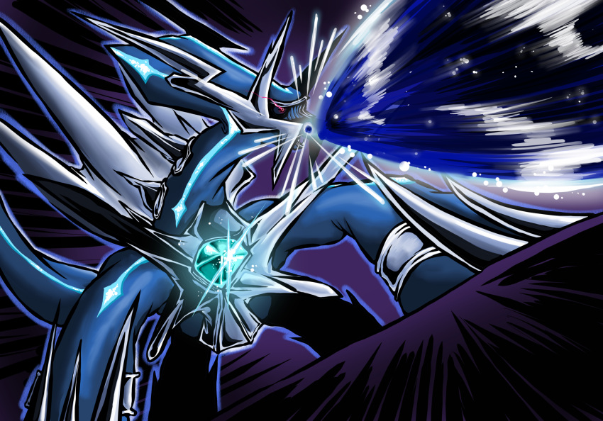 animal_focus, aqua_gem, bidul_(bidul72476120), black_sclera, colored_sclera, commentary_request, dialga, energy_beam