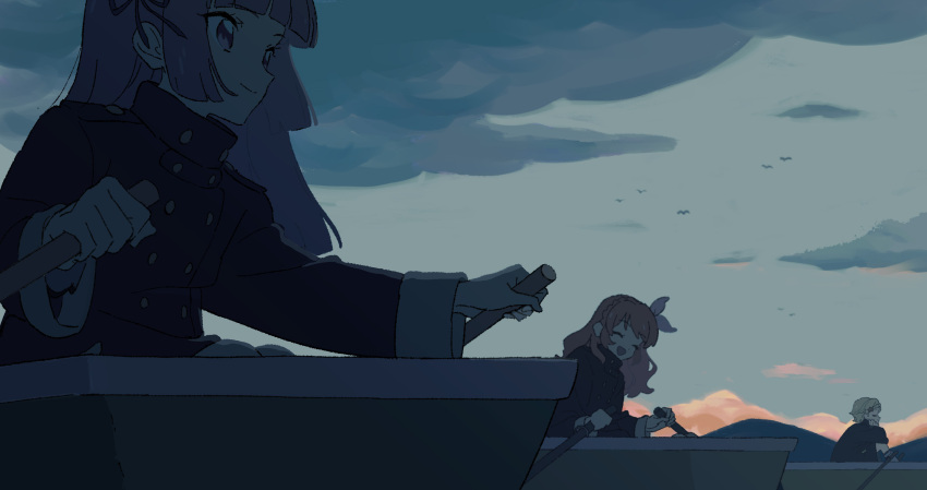 3girls, aikatsu!, aikatsu!_(series), blue_coat, blunt_bangs, boat, closed_eyes, clouds