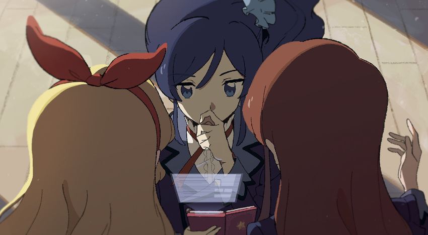 3girls, aikatsu!, aikatsu!_(series), blonde_hair, blue_eyes, blue_hair, blue_jacket, blue_scrunchie