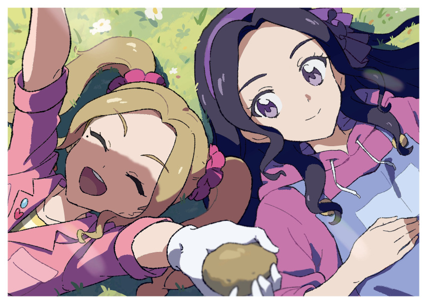2girls, :d, aikatsu!, aikatsu!_(series), arms_up, black_hair, blonde_hair, blue_overalls