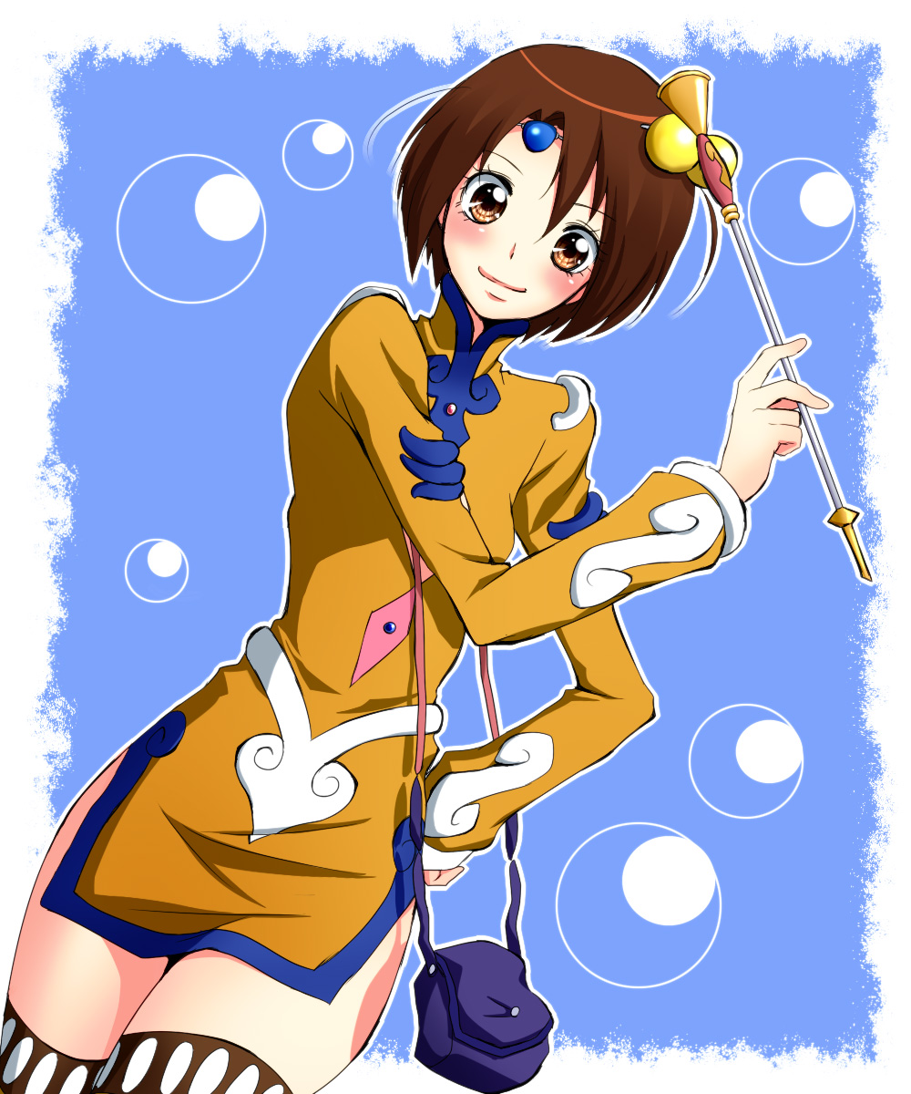 bad_id, bag, blue_background, blush, brown_eyes, brown_hair, bubble, hand_on_hip, highres, hips, norma_beatty, purse, sen_(novice), short_hair, skirt, smile, solo, tales_of_(series), tales_of_legendia, thigh-highs, thighhighs, wand