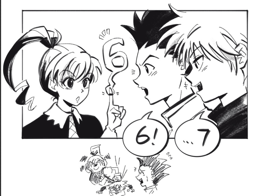 1girl, 2boys, 67_(meme), assertive_female, biscuit_krueger, commentary, gon_freecss, highres