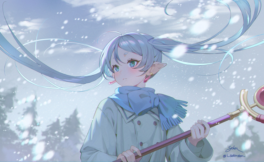 1girl, blue_eyes, blue_scarf, buttons, commentary_request, double-breasted, elf, floating_hair