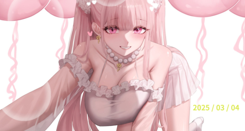 1girl, all_fours, armpits, balloon, breasts, commentary_request, ear_piercing, frills