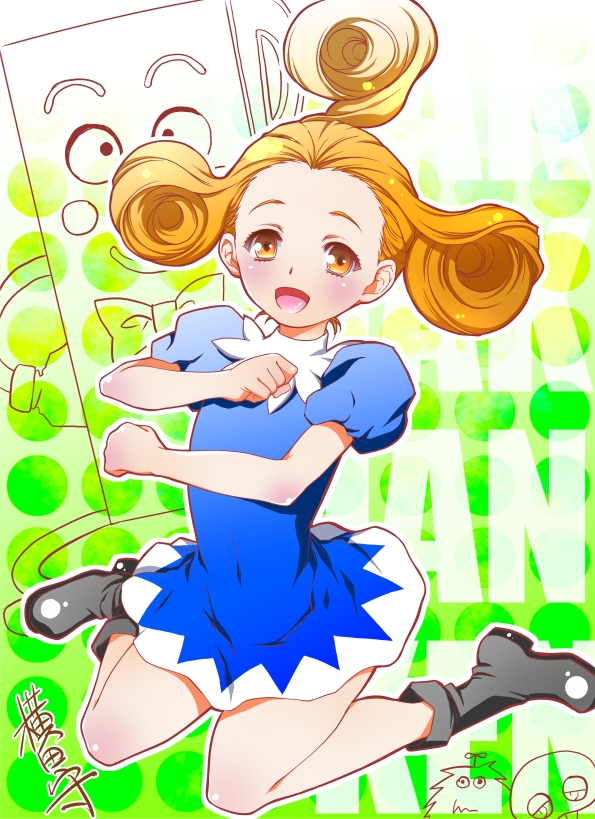 ankle_boots, blue_dress, boots, connie_(ponkickies), curly_hair, dress, gachapin, hirake!_ponkikki