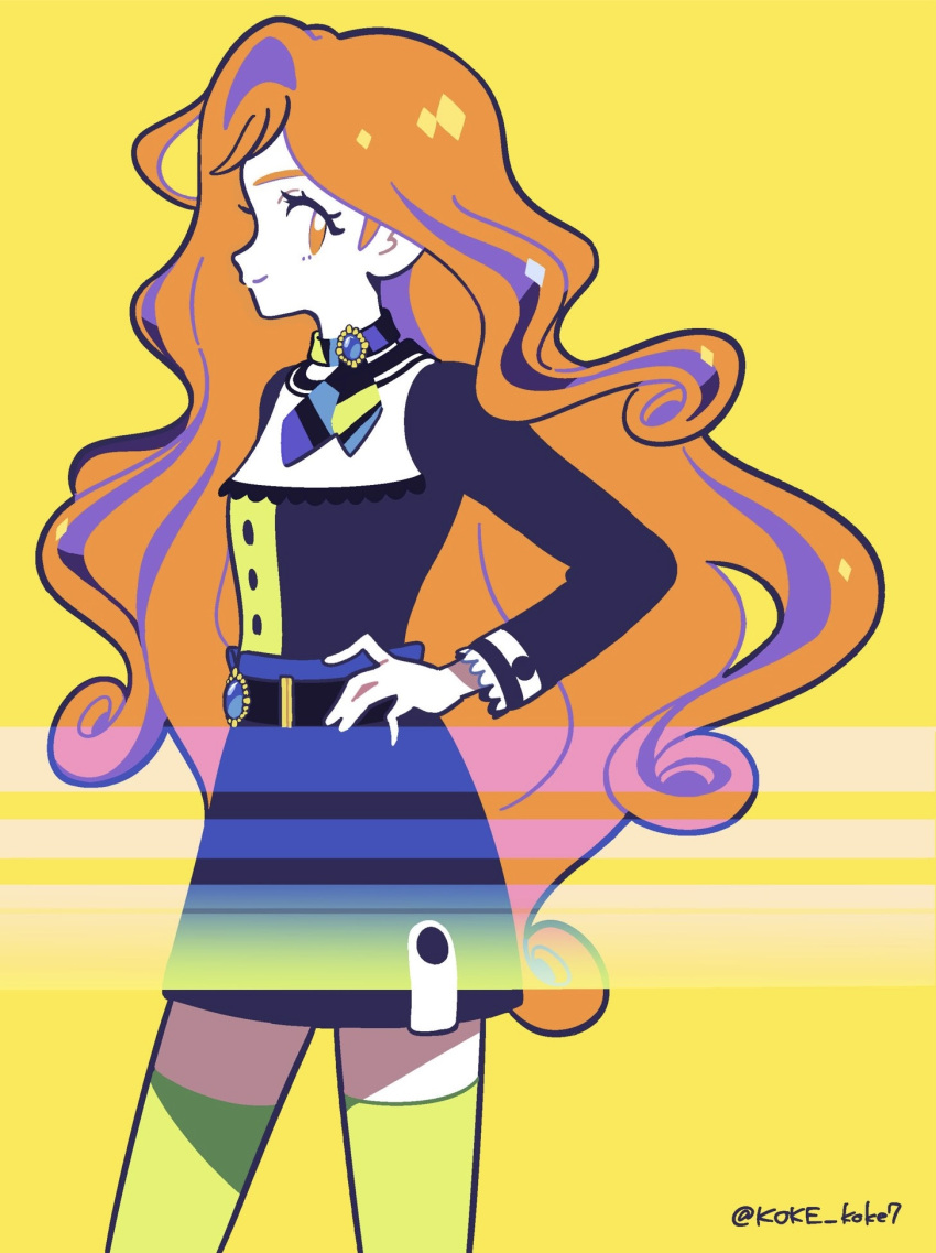1girl, aikatsu!_(series), aikatsu_planet!, closed_mouth, commentary_request, cowboy_shot, dress, green_thighhighs, hand_on_own_hip, highres, itoi_sala, koke_(koke7), long_hair, long_sleeves, looking_at_viewer, multicolored_hair, orange_eyes, orange_hair, purple_dress, purple_streaks, sala_(aikatsu_planet!), short_dress, smile, solo, standing, streaked_hair, thigh-highs, twitter_username, very_long_hair, wavy_hair, yellow_background