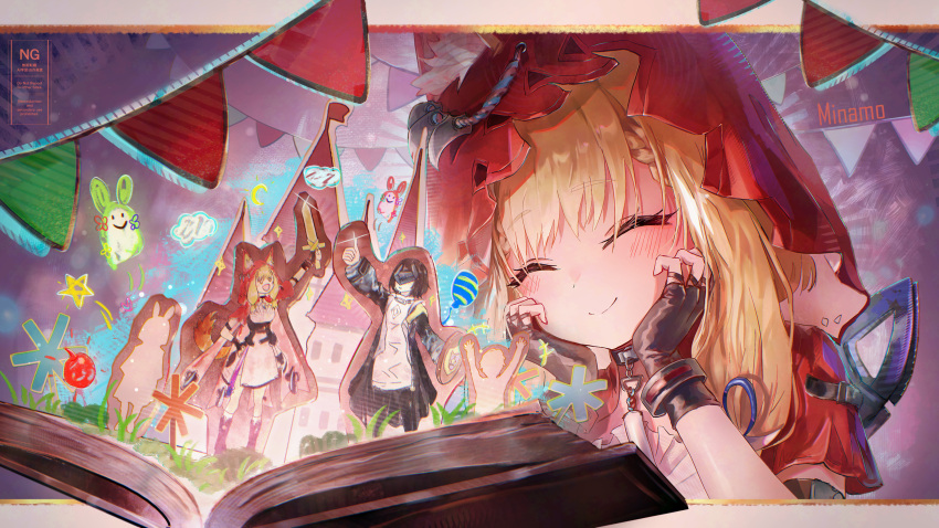1girl, absurdres, animal_ears, arknights, arknights:_endfield, closed_eyes, endministrator_(arknights), female_endministrator_(arknights), fingerless_gloves, gloves, highres, hood, long-ear_(arknights), minamo_(edosei_edo), multiple_girls, pop-up_book, rossi_(arknights)