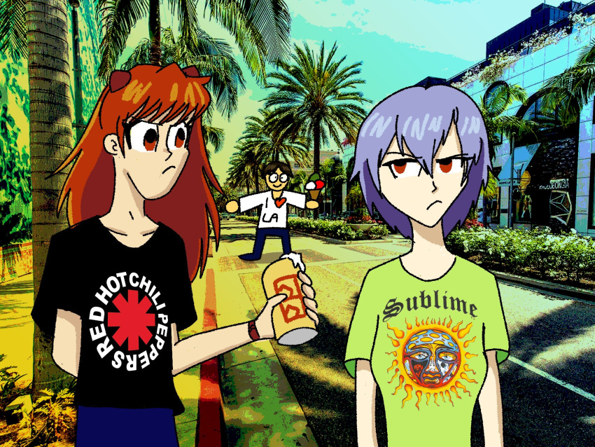 2girls, annoyed, ayanami_rei, blue_sky, california, city, highres, meme
