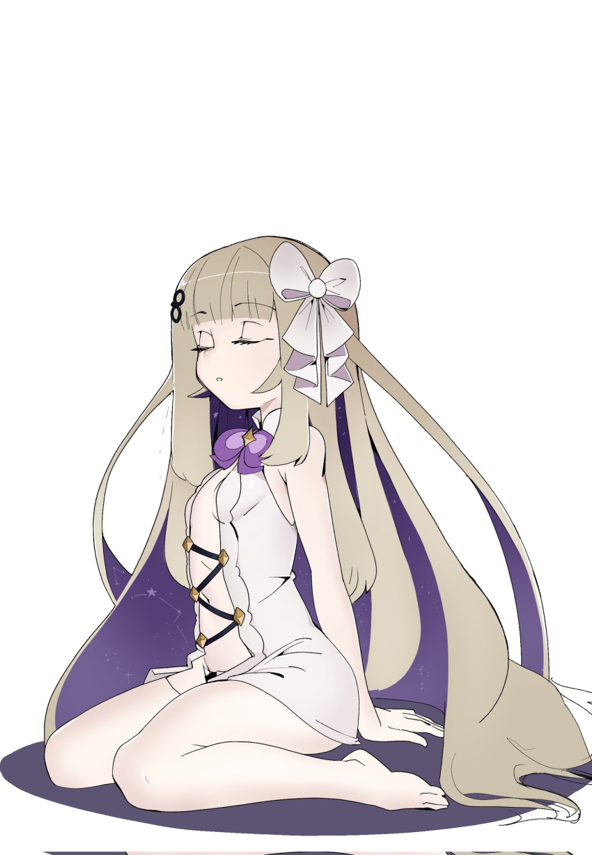 1girl, amanogawa_shiina, amanogawa_shiina_(1st_costume), blonde_hair, bow, breasts, closed_eyes, colored_inner_hair, commentary, hair_bow, hair_ornament, highres, jushikuroni, long_hair, multicolored_hair, navel, open_mouth, phase_connect, purple_hair, sitting, small_breasts, solo, stomach, tagme, very_long_hair, virtual_youtuber