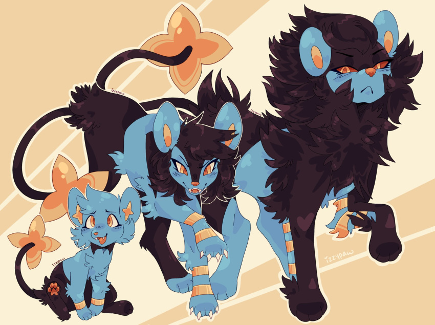 black_hair, blue_fur, colored_sclera, evolutionary_line, highres, izzypaw, luxio, luxray