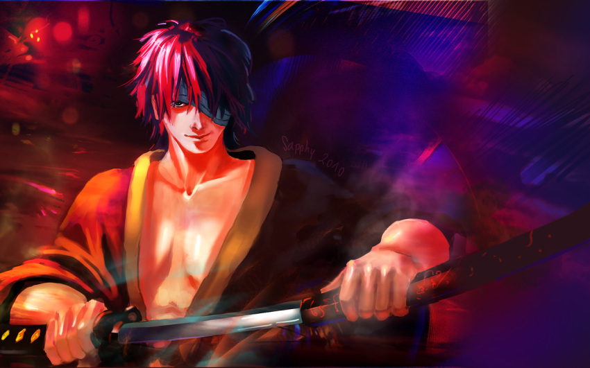 artist_request, bandages, curly_hair, gintama, green_eyes, japanese_clothes, katana, kimono, male, one_eyed, red_hair, samurai, short_hair, solo, sword, takasugi_shinsuke, weapon