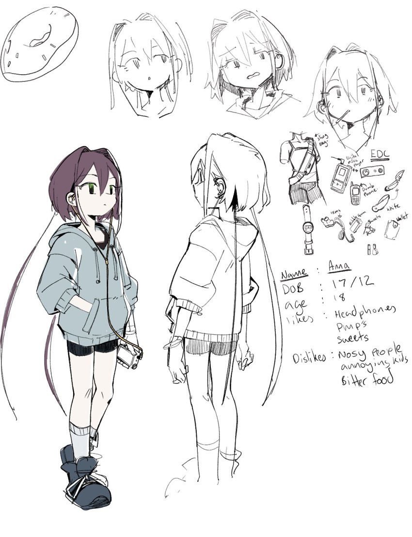 1girl, bike_shorts, character_age, character_profile, commentary, doughnut, earphones, earphones