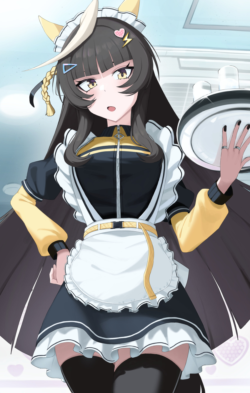 1girl, absurdres, ahoge, animal_ears, apron, black_hair, black_nails, black_skirt