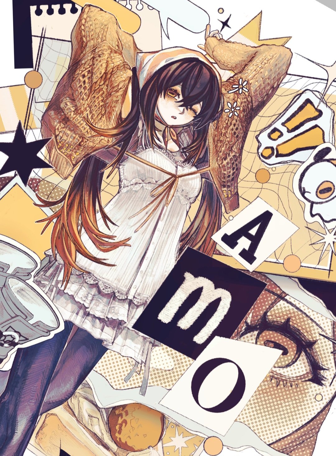 !, !!, 1girl, amo_empool, arms_up, black_hair, black_pantyhose, boots, cardigan, commentary_request, dress, gachiakuta, goat, gradient_hair, grey_boots, highres, horizontal_pupils, keuaag, korean_commentary, long_hair, looking_at_viewer, multicolored_hair, one_eye_closed, open_mouth, orange_cardigan, orange_eyes, orange_hair, pantyhose, sidelocks, solo, white_dress