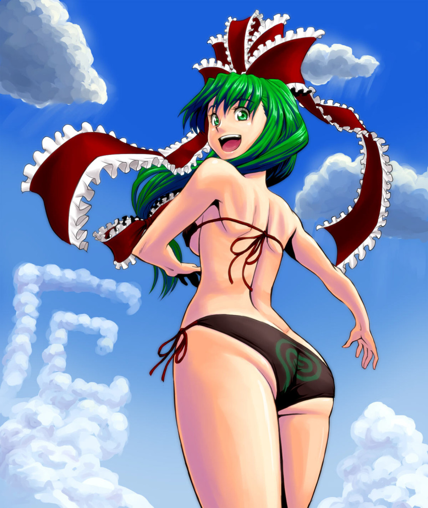 1girl, ass, back, bangs, bare_thighs, bikini, bow, cloud