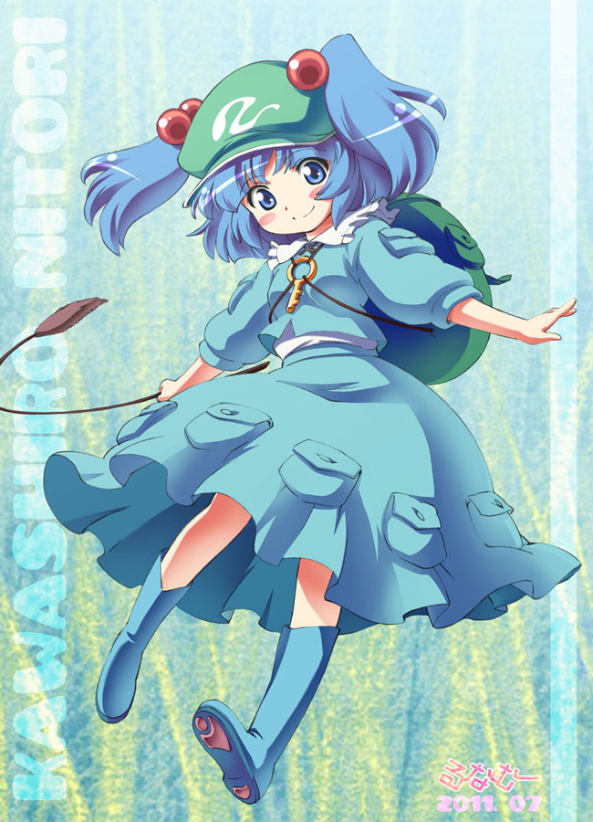 backpack, bag, blue, blue_eyes, blue_hair, blush_stickers, boots, cattail